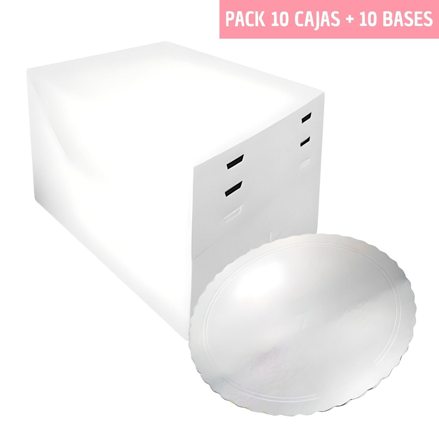 Set 10 Cajas Para Tarta Alturas Ajustables + Bases Redondas Plata - 28 Cm Ø 1 Set 10 Cajas Para Tarta Alturas Ajustables + Bases Redondas Plata - 28 Cm Ø