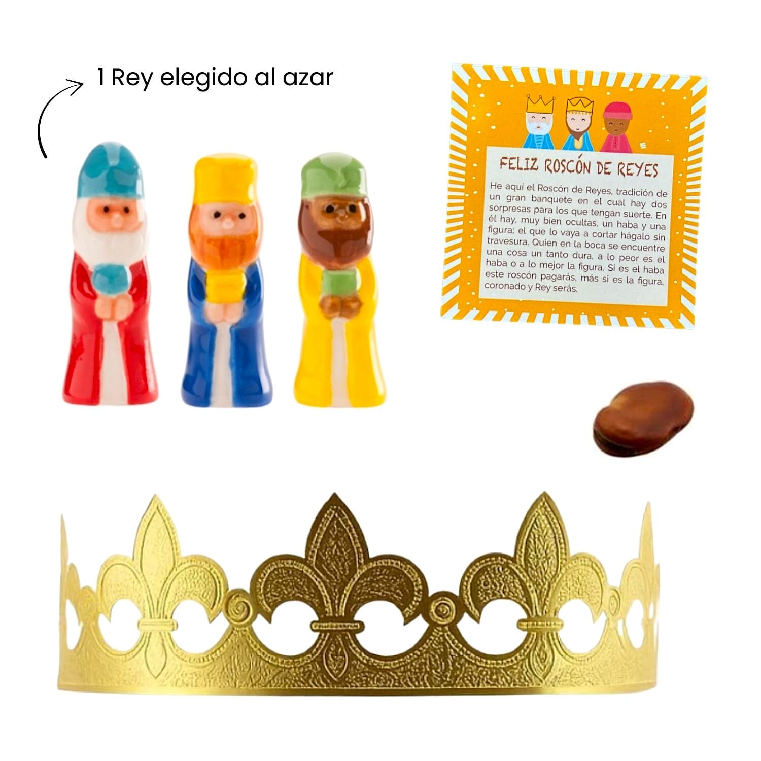 Set Roscon - Corona Oro, Rey Porcelana, Haba Y Tarjeta 1 Set Roscon - Corona Oro, Rey Porcelana, Haba Y Tarjeta